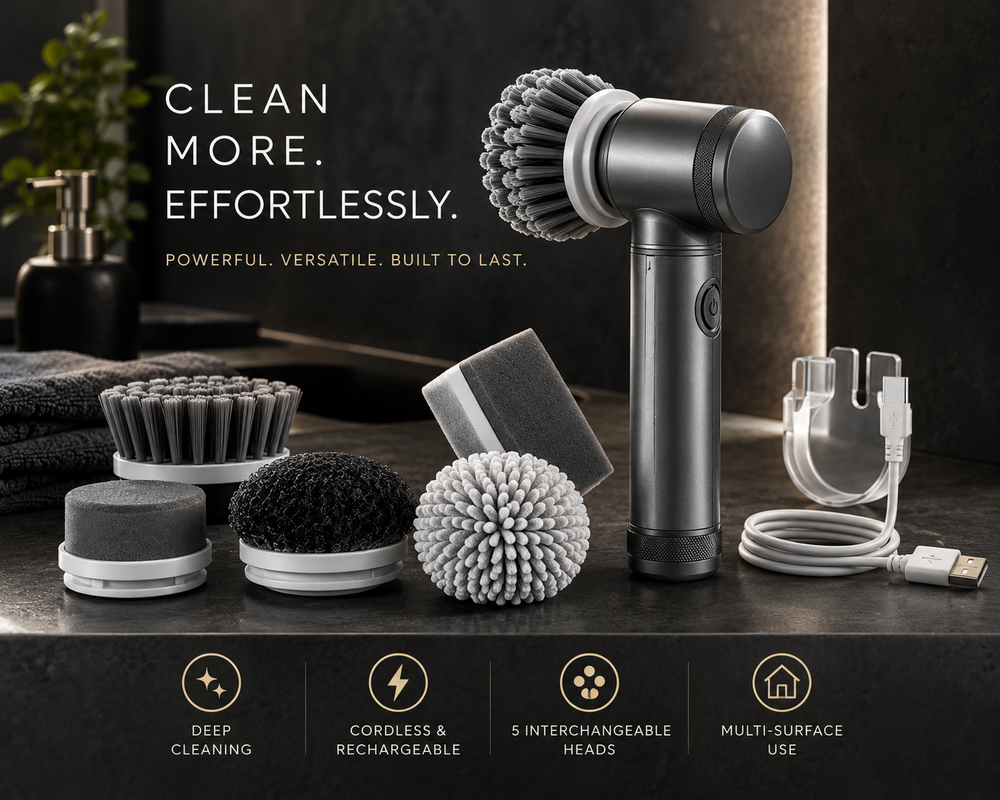 Rotaro rechargeable power scrubber with charging cable on dark counter