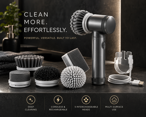Rotaro rechargeable power scrubber with charging cable on dark counter