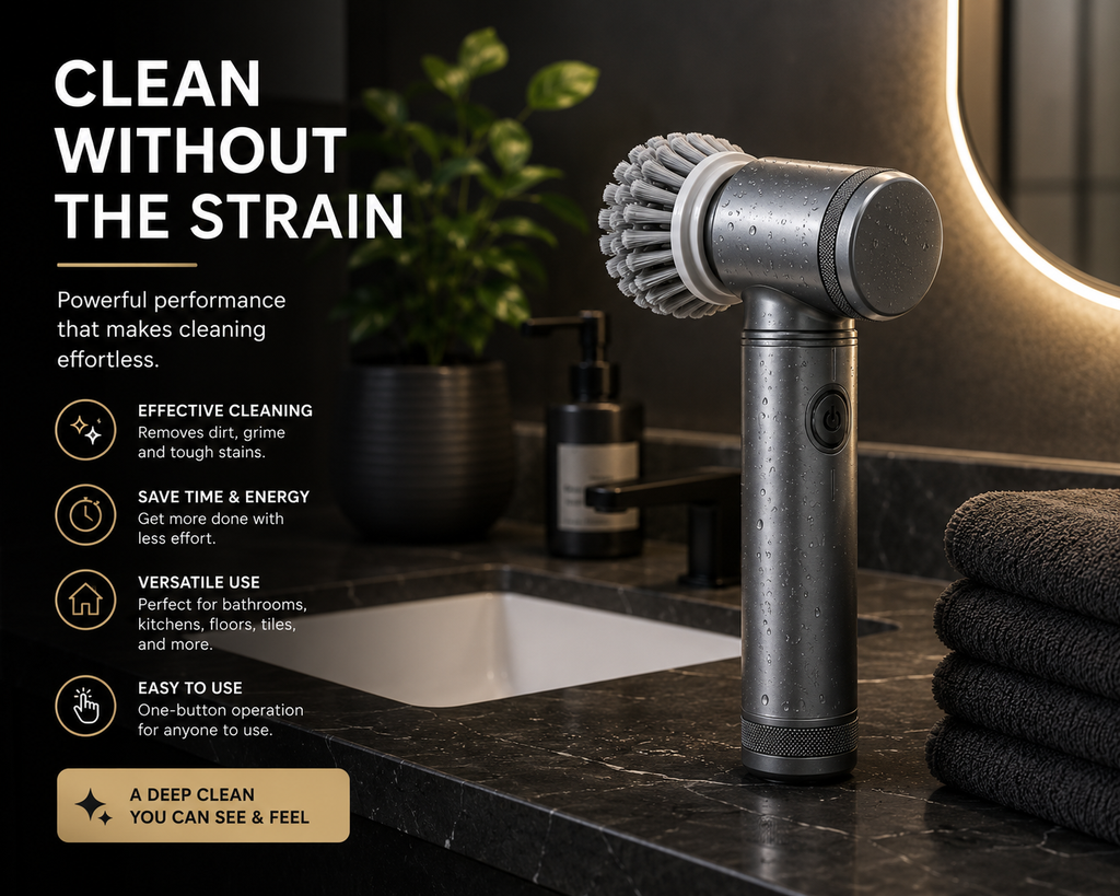 Rotaro power scrubber on a bathroom counter, cleaning tubs and sinks without the strain