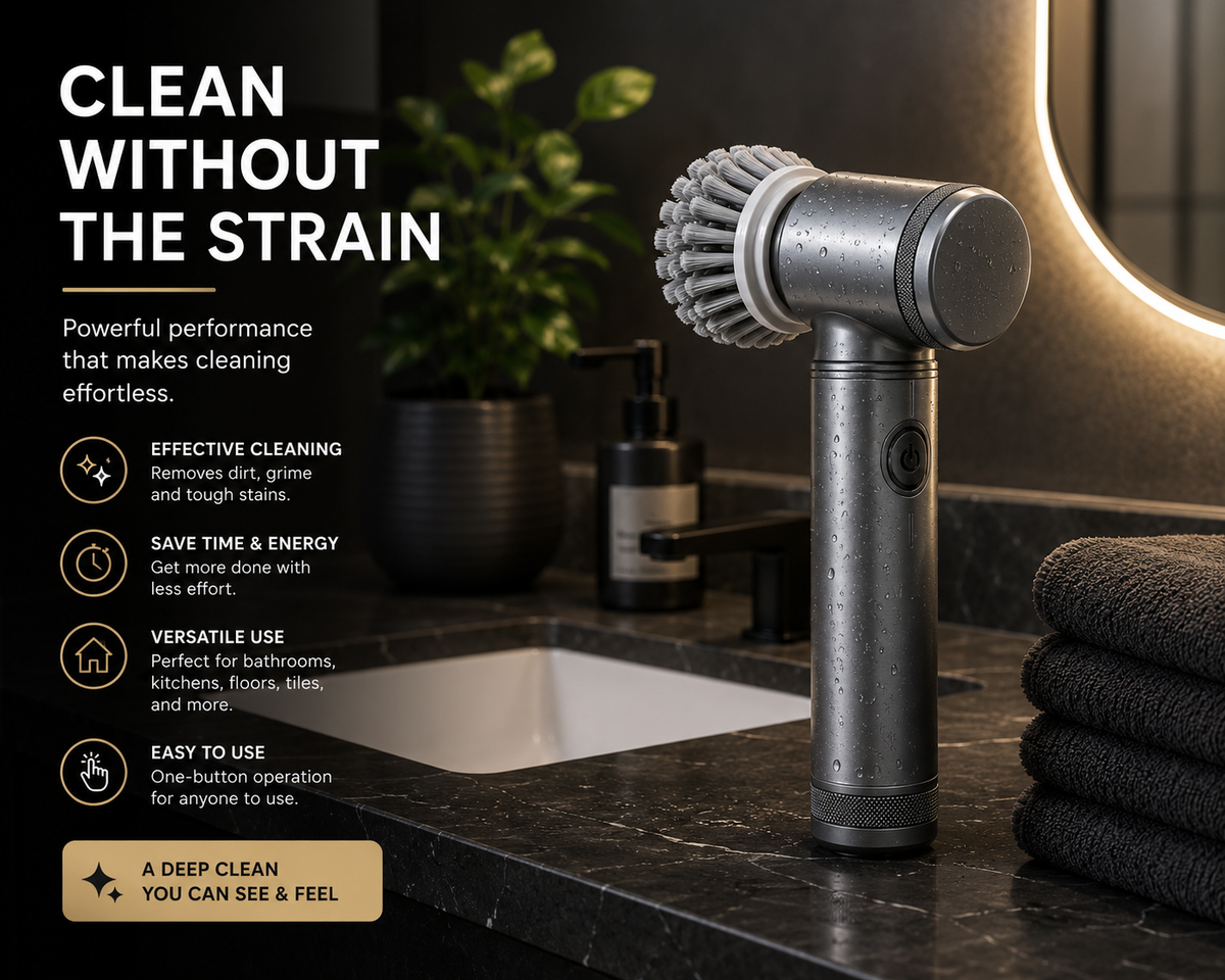 Rotaro power scrubber on a bathroom counter, cleaning tubs and sinks without the strain