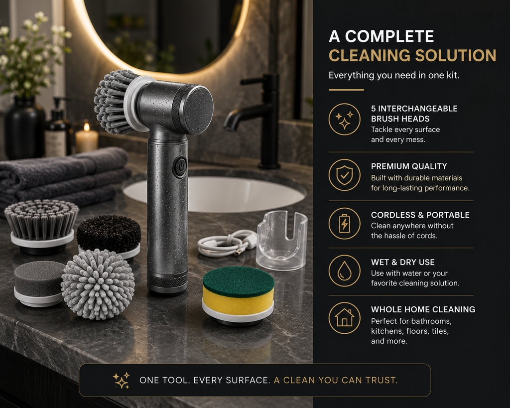 Rotaro complete cleaning kit on a bathroom vanity with five interchangeable heads and wet or dry use