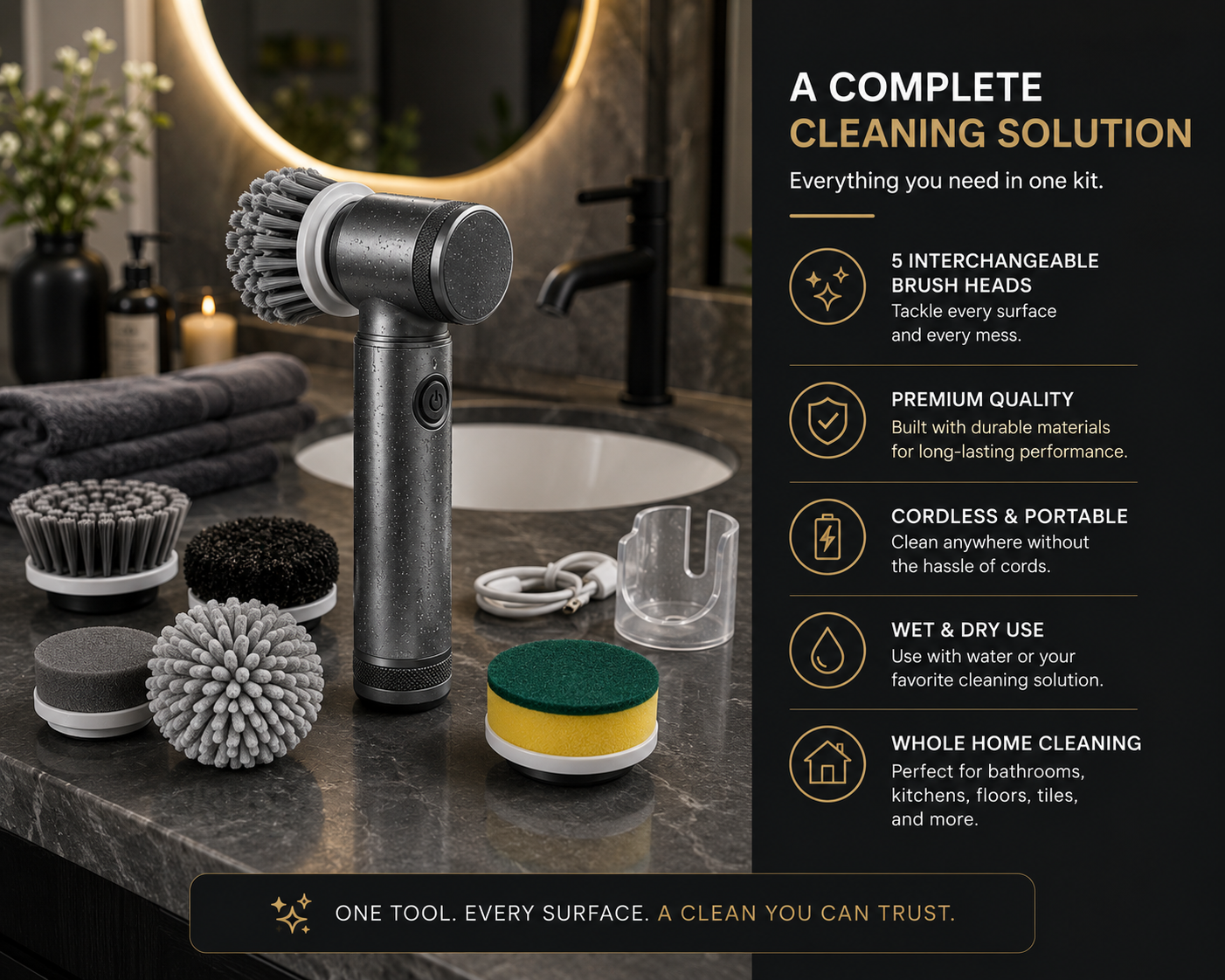Rotaro complete cleaning kit on a bathroom vanity with five interchangeable heads and wet or dry use